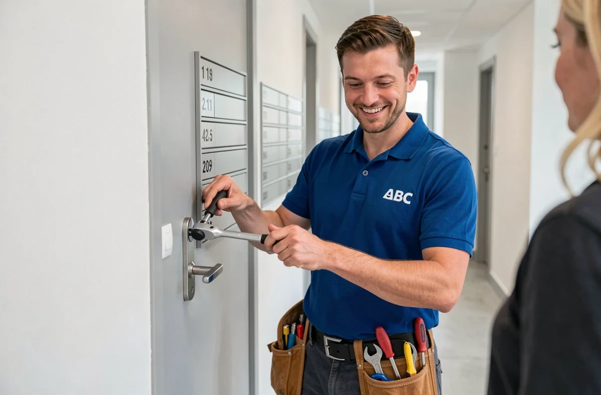 Technicien ABC Dépannages réparant une serrure dans un couloir d'immeuble à Caen