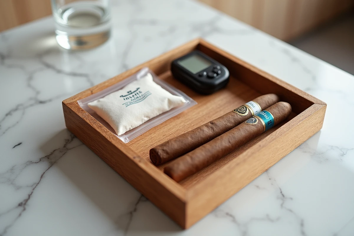 Vue en plat posé des accessoires d'entretien quotidien des cigares : hygromètre numérique, pack Boveda, kit de calibration et cigares sur plateau en cèdre