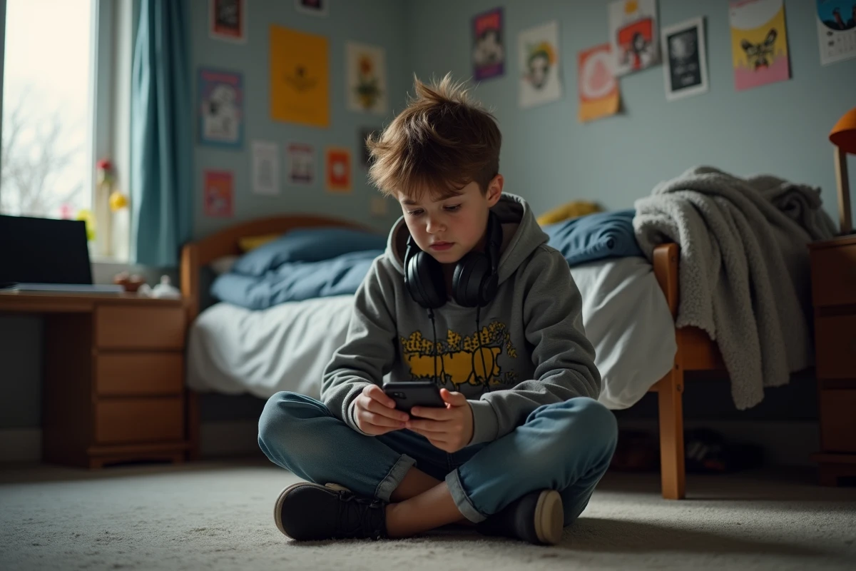 Adolescent seul dans sa chambre regardant son téléphone