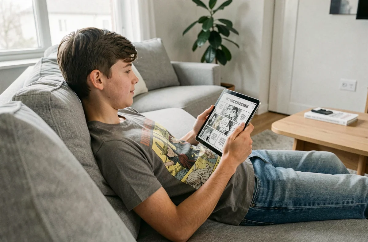 Adolescent lisant un scan manga VF sur une tablette en se relaxant sur un canapé dans un salon moderne