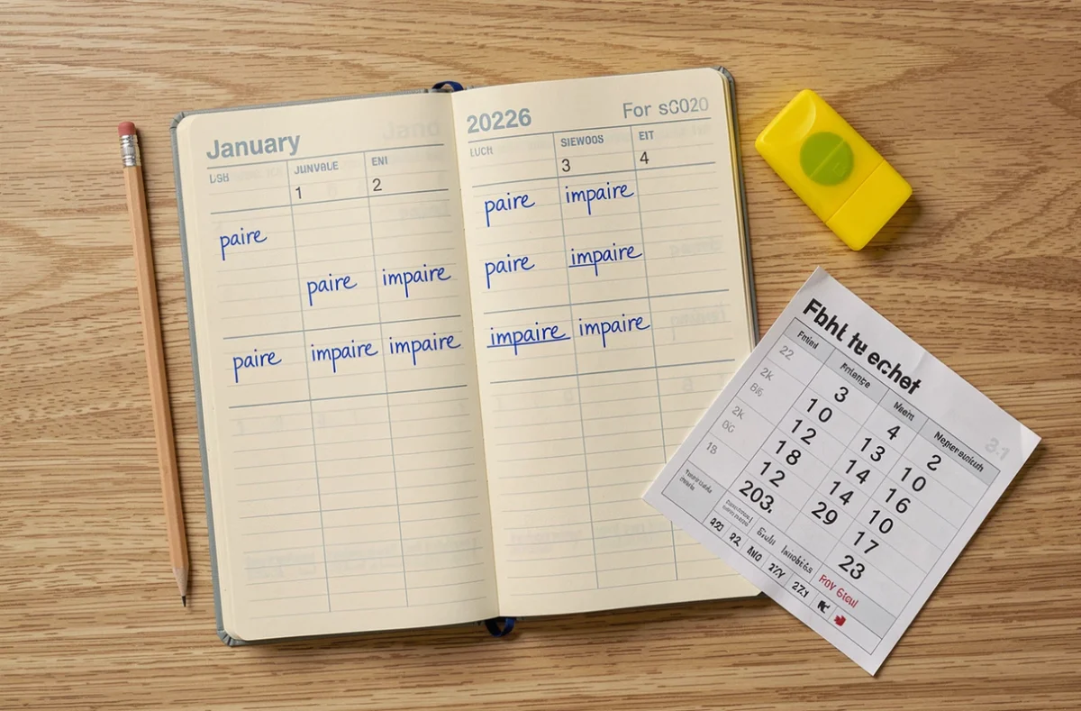 Agenda scolaire 2026 ouvert avec annotations manuscrites des semaines paires et impaires pour le calendrier scolaire annuel