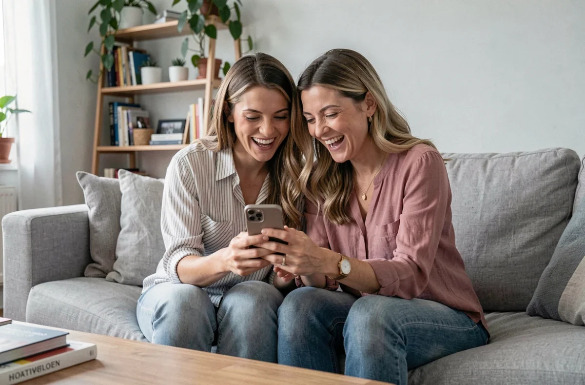 Deux amies riant ensemble en lisant des citations positives sur WhatsApp dans un salon moderne