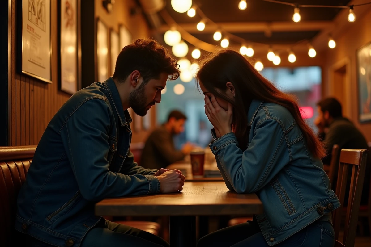 Deux amis dans un café sombre partageant un moment d'empathie et de soutien émotionnel, illustrant les thèmes de vulnérabilité et d'entraide dans la chanson Demons d'Imagine Dragons