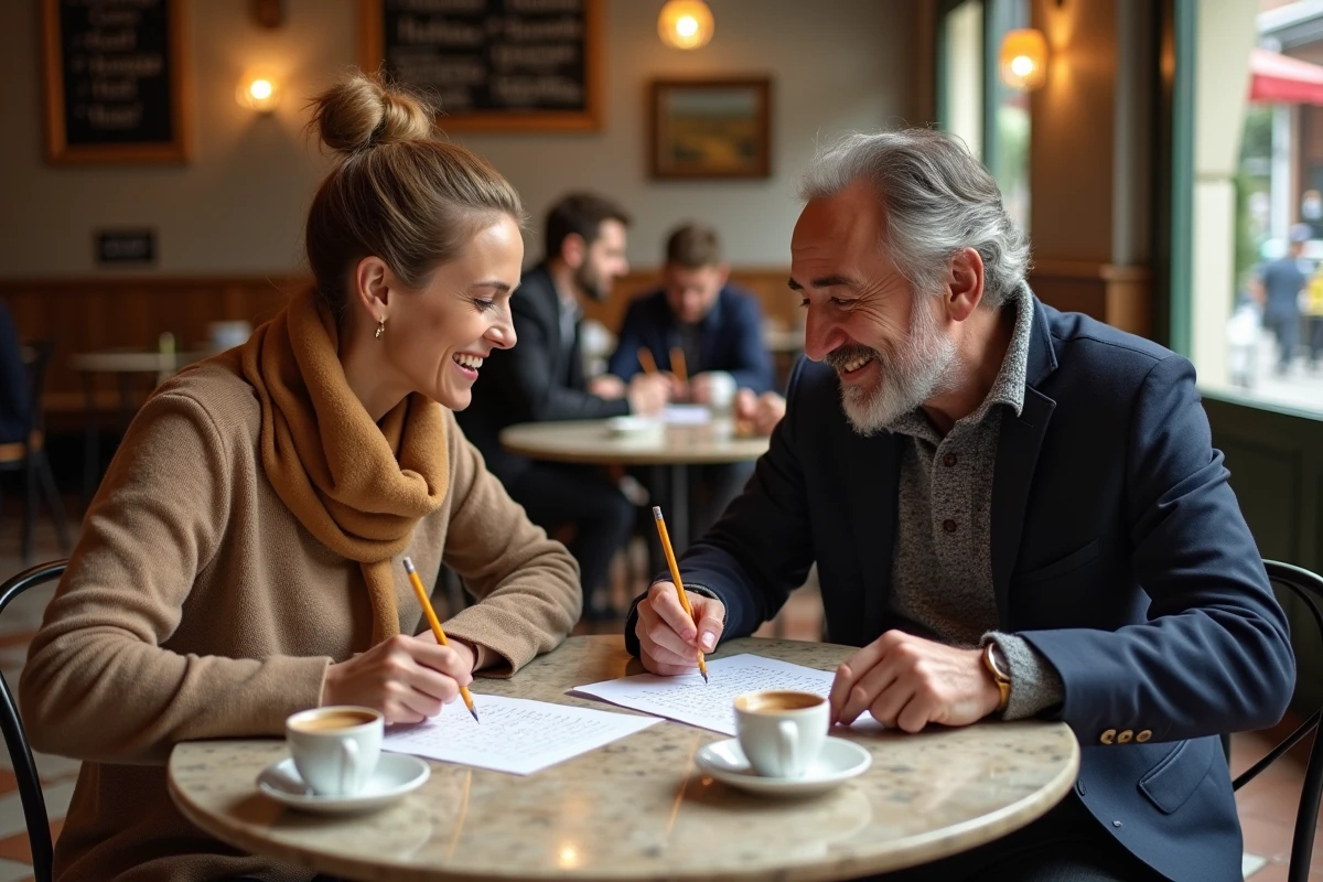 Deux amis jouant ensemble à un jeu de mots dans un café, bienfaits des jeux de lettres sur le cerveau