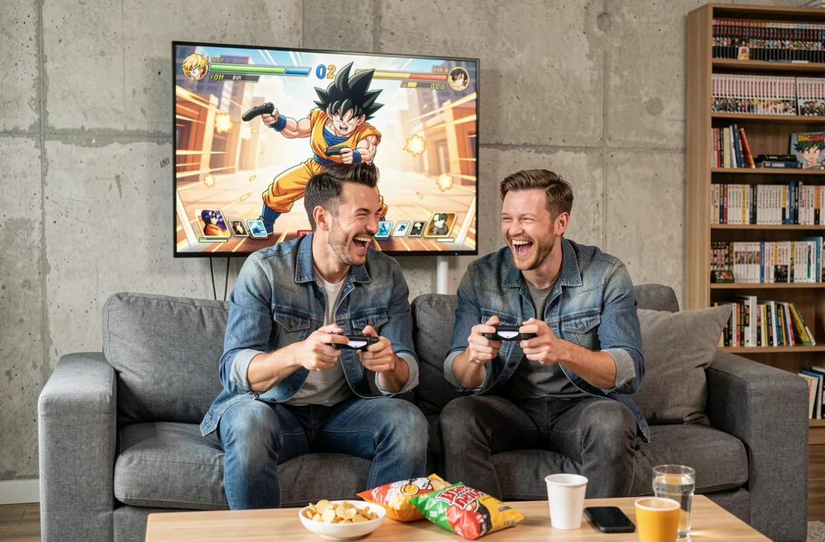 Deux amis adultes jouant ensemble à un jeu vidéo Dragon Ball Z sur canapé dans un salon moderne avec manettes sans fil