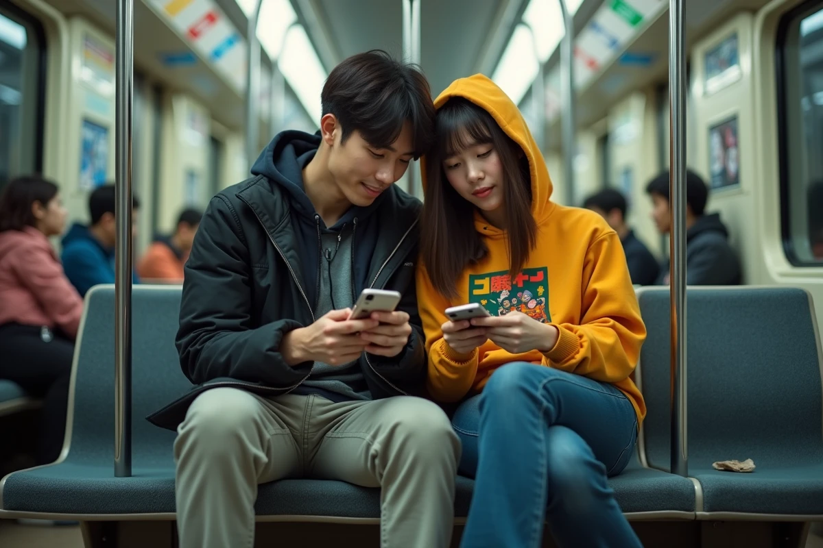 Deux amis lisant One Piece en scan sur smartphone dans le métro