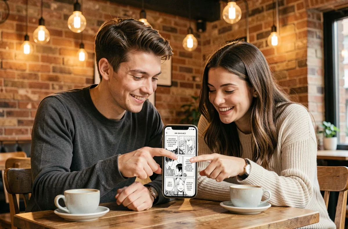 Deux amis partageant un scan manga en version française sur un smartphone dans un café urbain