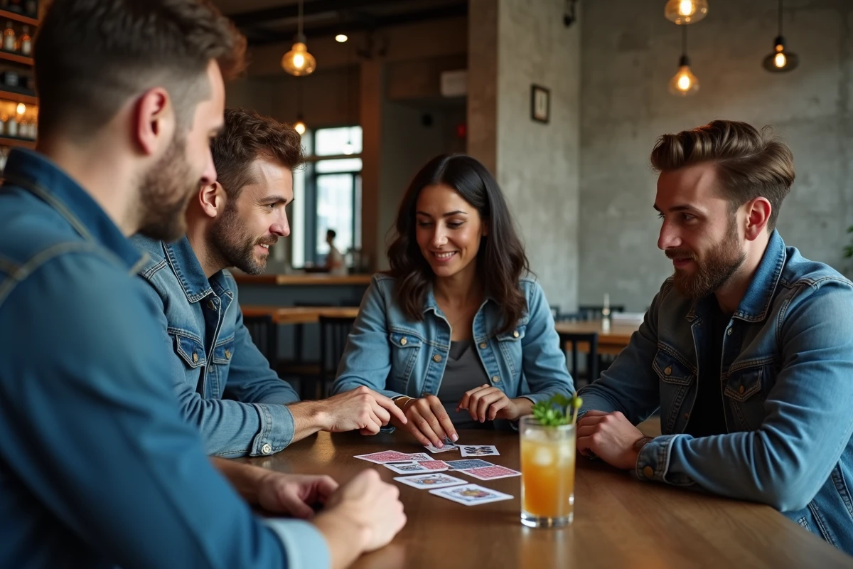 Trois amis débattant d'une stratégie pour le jeu Palmier dans un bar moderne avec des accessoires de jeu sur la table