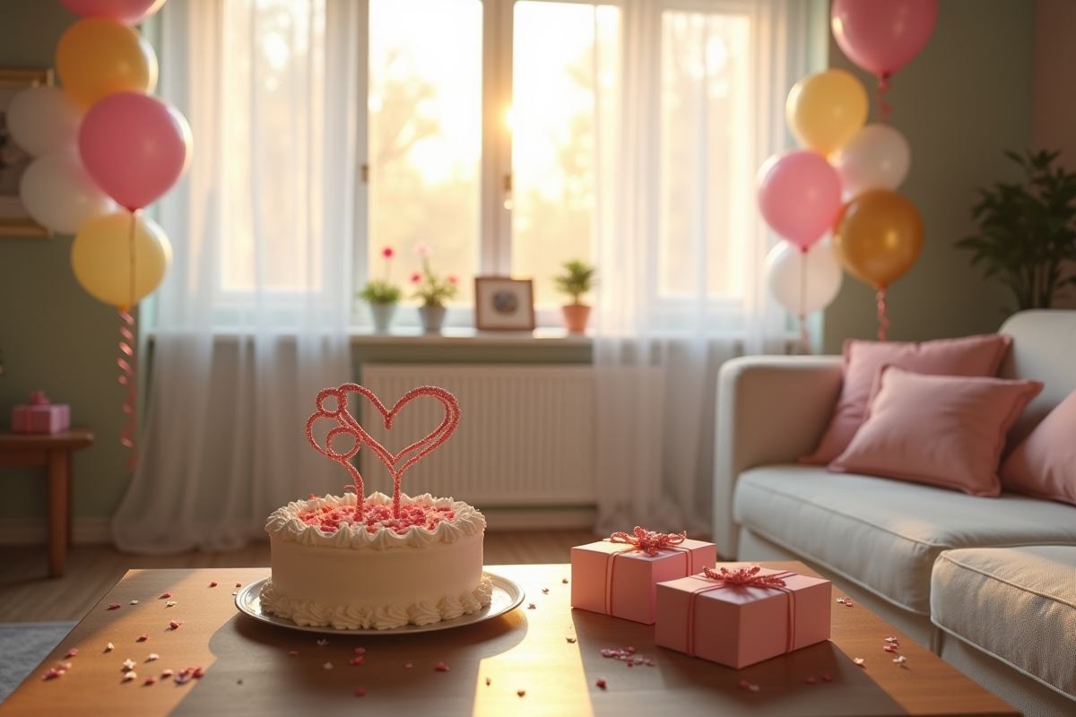 Salle décorée avec ballons et gâteau d anniversaire en journée