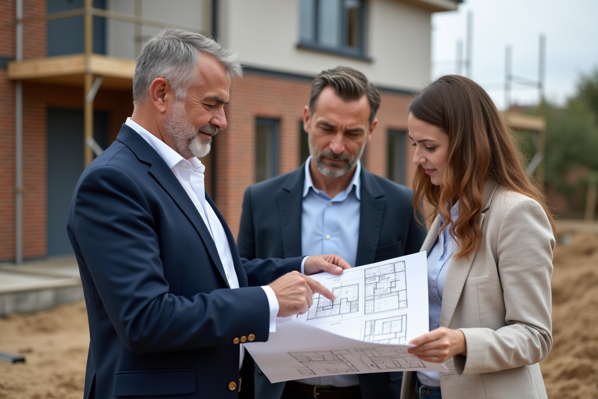 Architecte en blazer bleu avec couple sur chantier maison moderne
