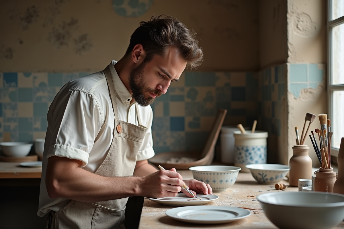 Artisan jeune peignant un motif en émail Longwy dans son atelier