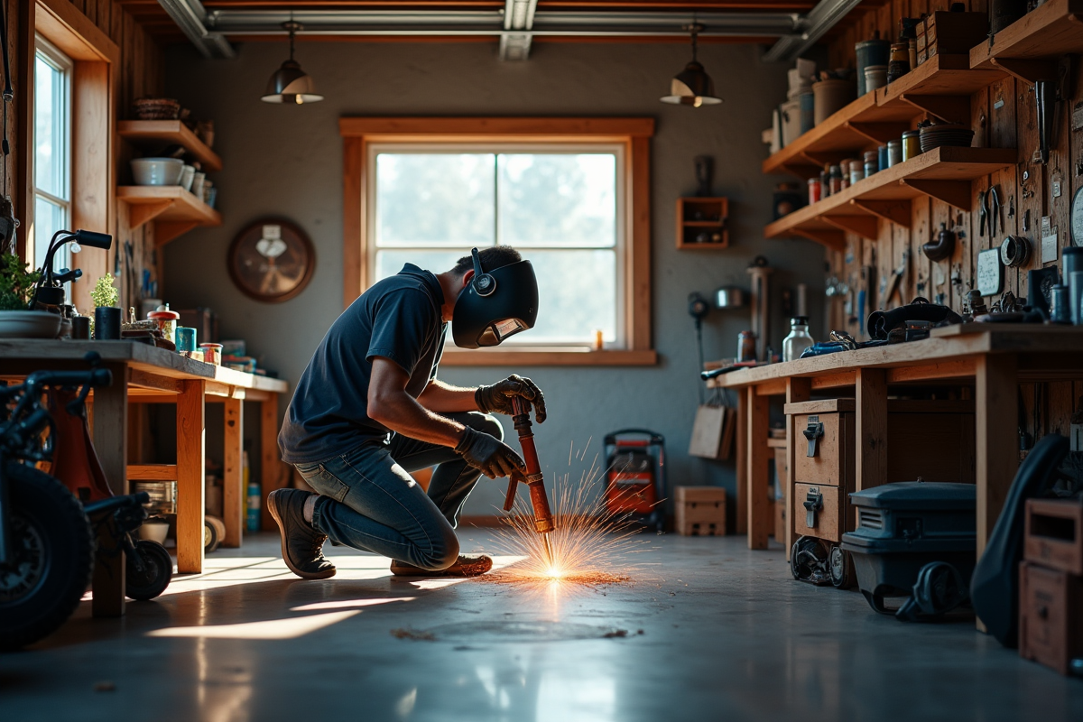 Personne soudant une sculpture dans un garage aménagé