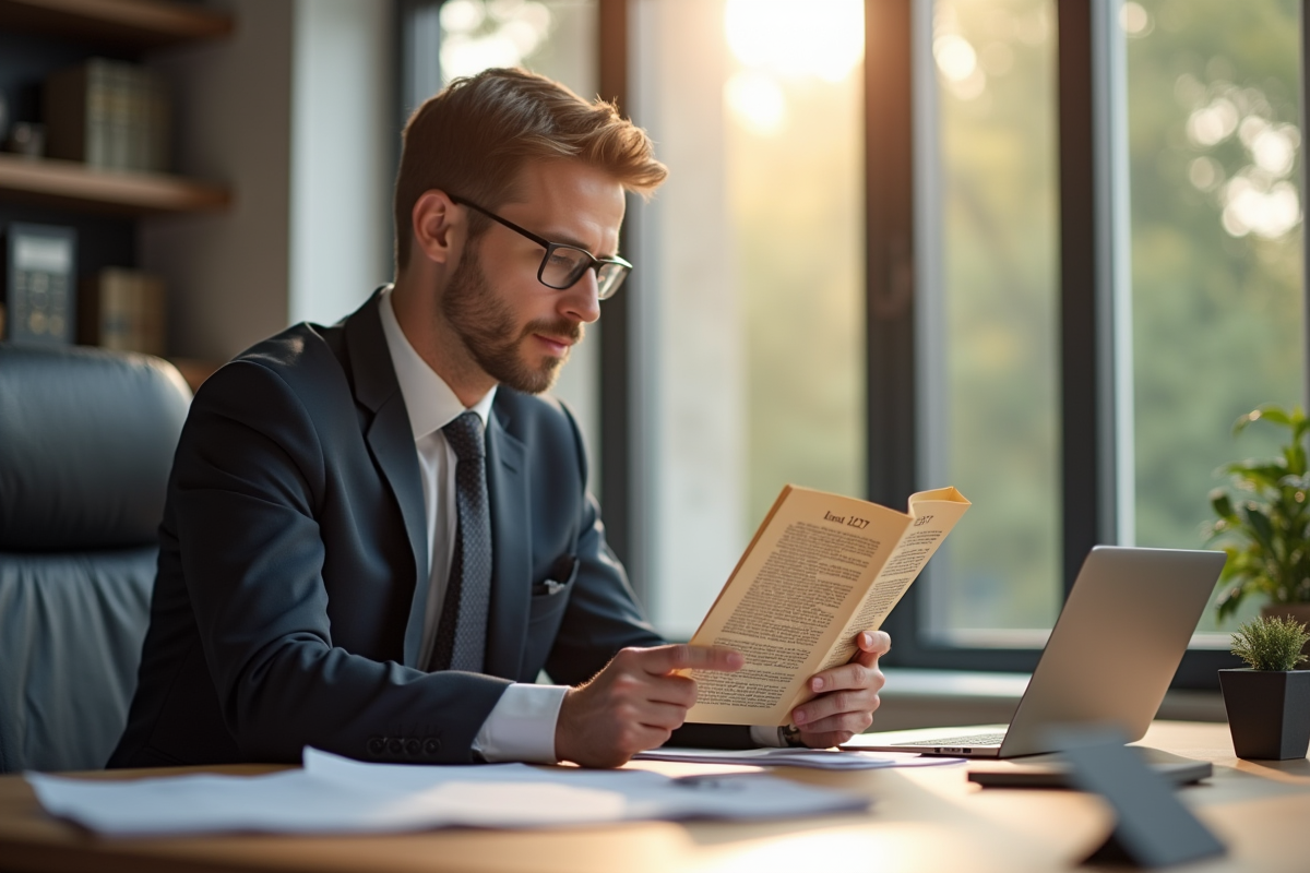 Avocat bien habille dans un bureau moderne avec code civil