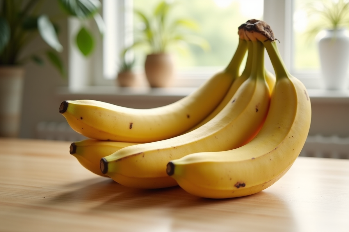 Bananes mûres sur un plan de travail en bois clair près d'une fenêtre