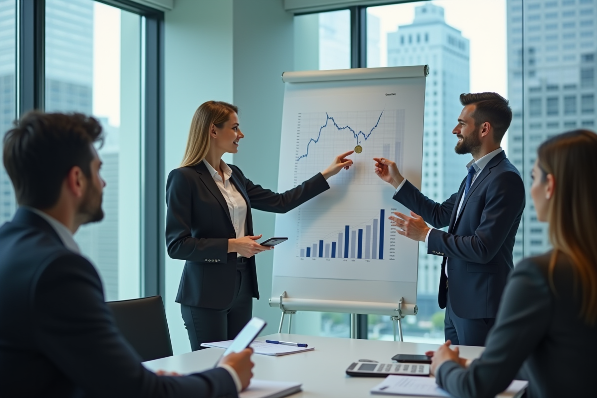 Jeune banquière montre un graphique économique à ses collègues