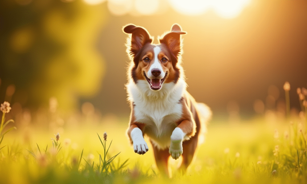 Chien berger australien brun courant dans un pré ensoleille