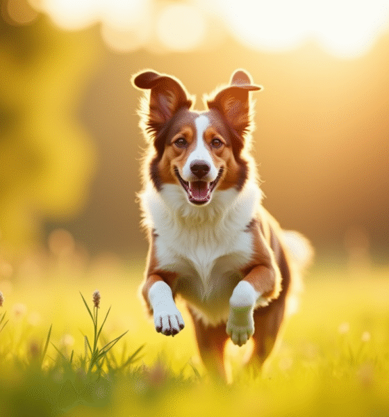 Chien berger australien brun courant dans un pré ensoleille