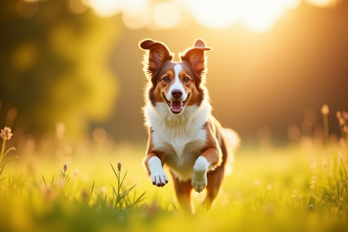 Chien berger australien brun courant dans un pré ensoleille