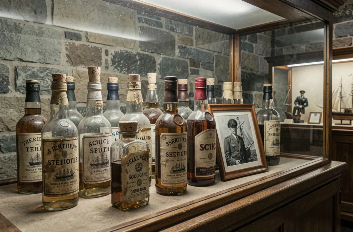 Bouteilles de whisky écossais vintage exposées dans un musée maritime avec photo de capitaine en noir et blanc