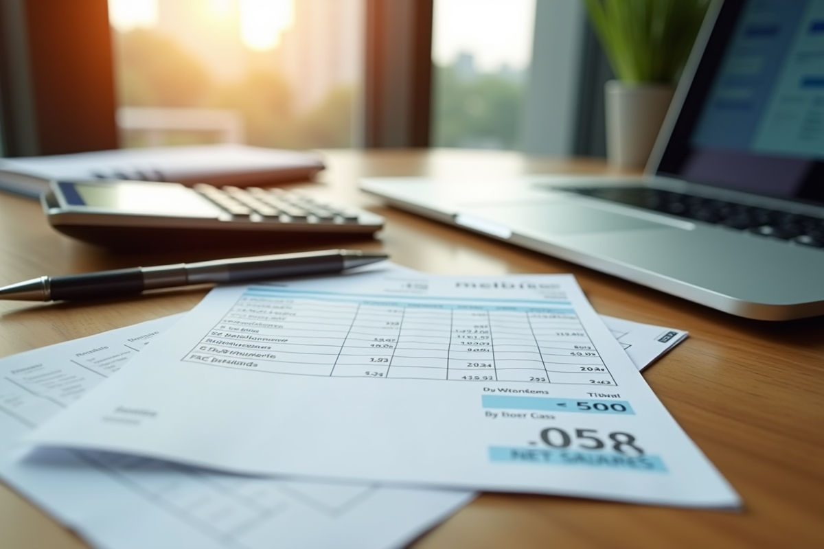 Bureau avec fiche de salaire de 1500 euros et ordinateur