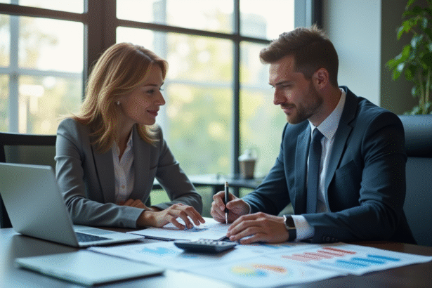 Femme d'affaires et homme d'affaires analysant des graphiques financiers