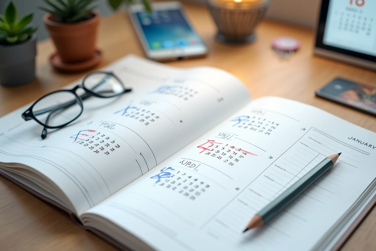 Vue en plongée d'un calendrier de bureau 2026 annoté avec les semaines paires et impaires en bleu et rouge