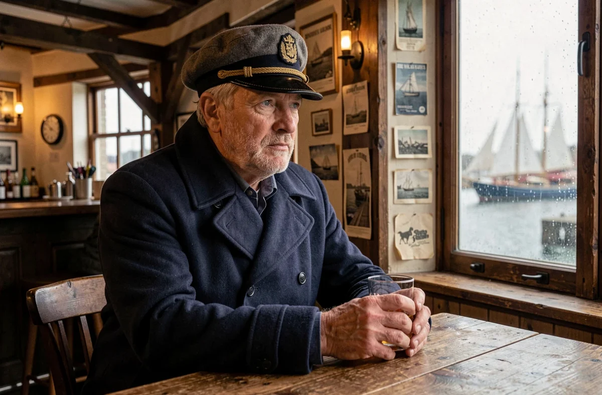 Capitaine vieilli tenant un verre de whisky dans une taverne portuaire ancienne avec vue sur le port