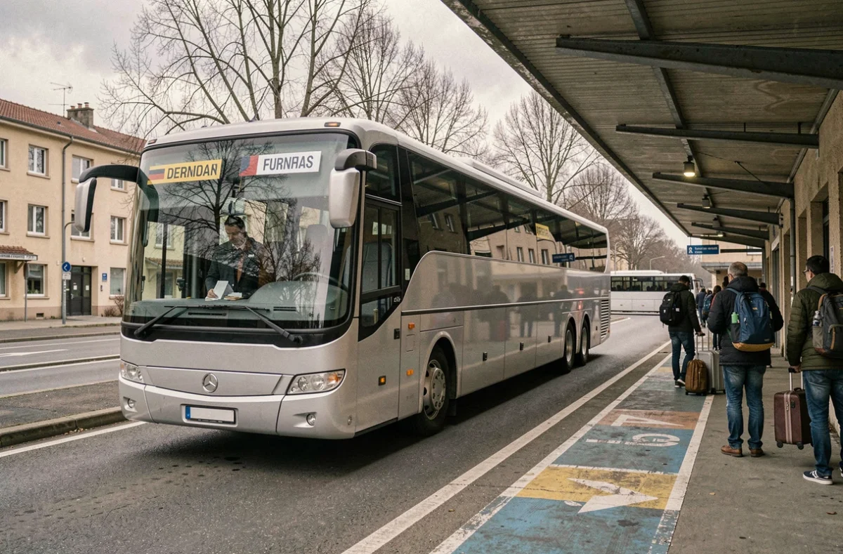 Car de bus interrégional stationné au terminal de Sarreguemines avec des panneaux de destination franco-allemands, passagers en train d'embarquer
