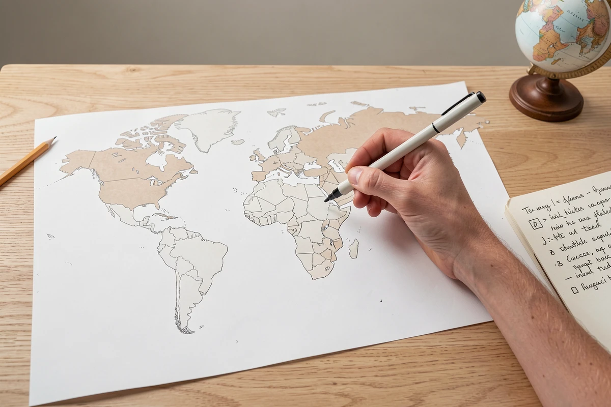 Vue de dessus d'une carte du monde vierge sur un bureau avec un marqueur et un carnet de notes pour un exercice de géographie