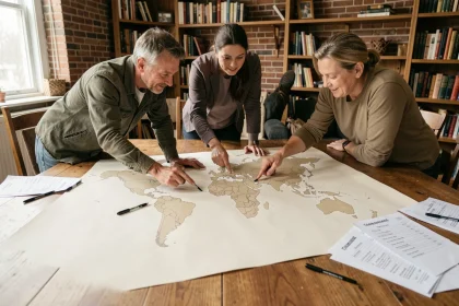 Groupe d'adultes autour d'une carte du monde vierge sans noms posée sur une table en bois pour un quiz géographique
