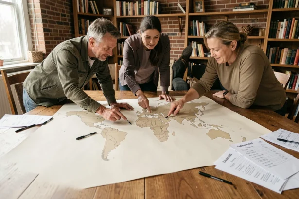 Groupe d'adultes autour d'une carte du monde vierge sans noms posée sur une table en bois pour un quiz géographique