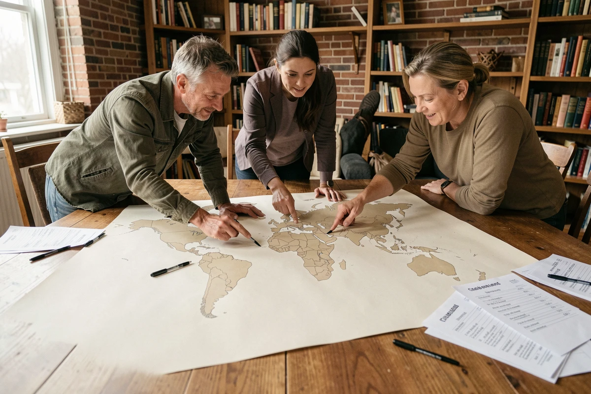 Groupe d'adultes autour d'une carte du monde vierge sans noms posée sur une table en bois pour un quiz géographique