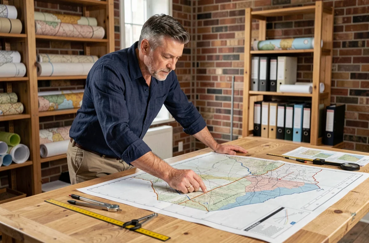 Cartographe professionnel analysant des cartes topographiques et des mesures de superficie en hectares et kilomètres carrés