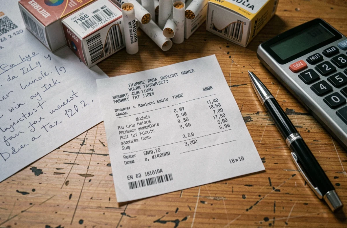 Cartouches de tabac et reçu de caisse avec calcul de prix suite aux hausses de taxes au Luxembourg