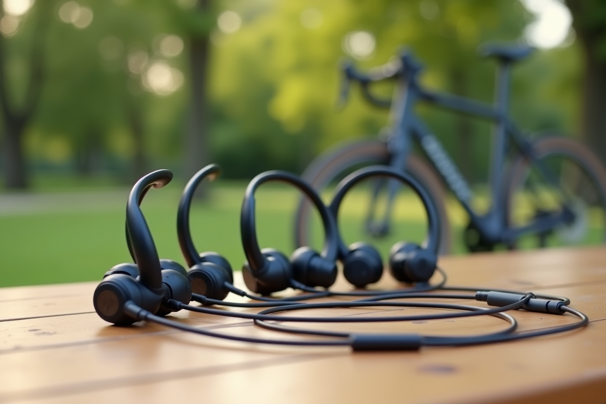Casques audio sans fil pour vélo sur une table en plein air