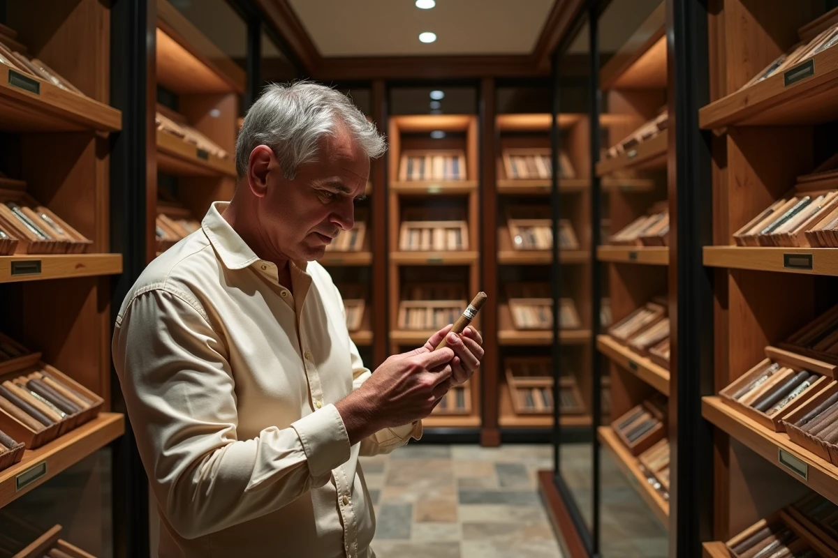 Homme d'âge mûr inspectant un cigare dans une cave à cigares climatisée avec armoires vitrées et boîtes classées par région