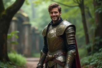 Jeune homme en armure fantasy dans la forêt