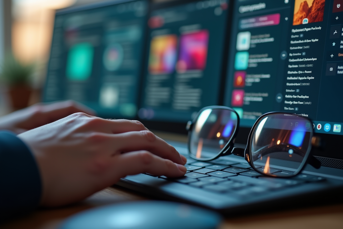 Mains tapant sur un clavier avec reflets de forums en lunettes