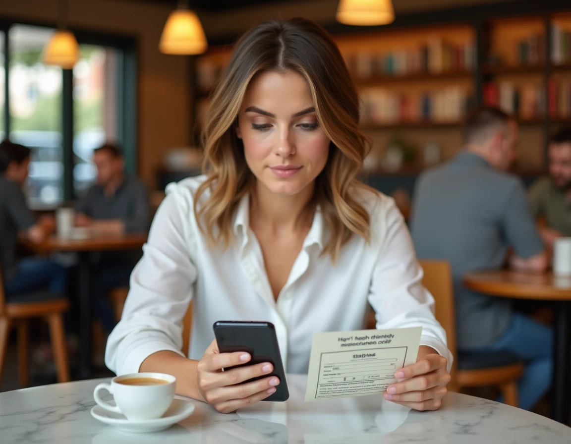 Femme dans un café comparant un bon promotionnel imprimé avec l'écran de saisie de code de rachat sur l'appli Chapters