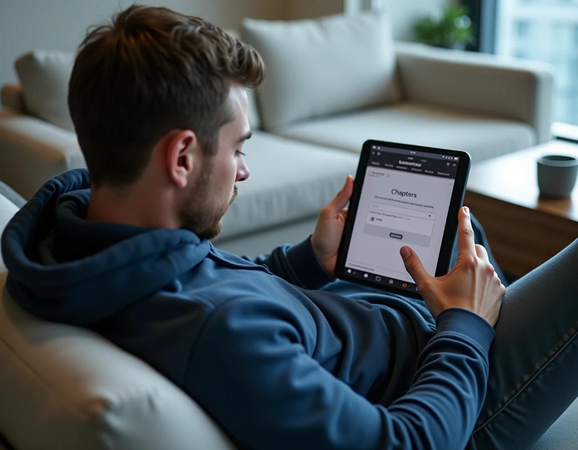 Homme utilisant une tablette pour entrer un code de rachat dans l'application Chapters depuis son canapé