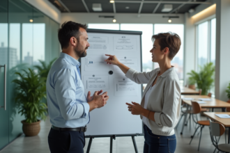 Deux professionnels en réunion dans un bureau moderne