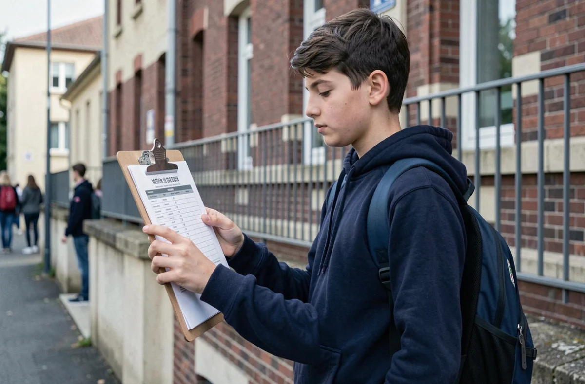 Collégien vérifiant son emploi du temps de semaine paire ou impaire devant l'entrée de son établissement scolaire