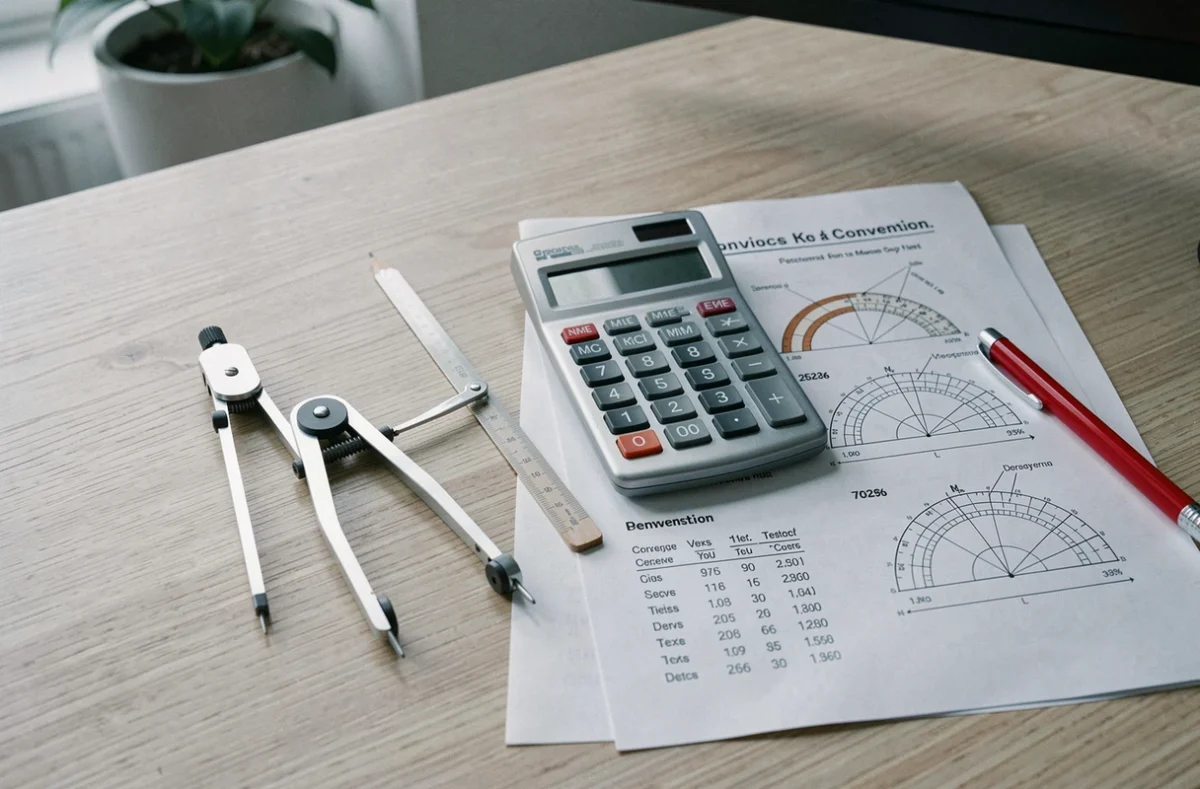 Compas, calculatrice et tableau de conversion pourcentage-degré sur un bureau de travail
