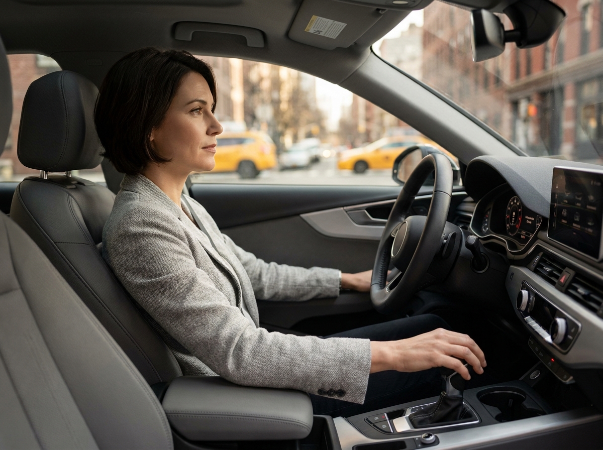 Conductrice au volant d'une voiture automatique moderne, main sur le sélecteur de vitesse, en conduite urbaine