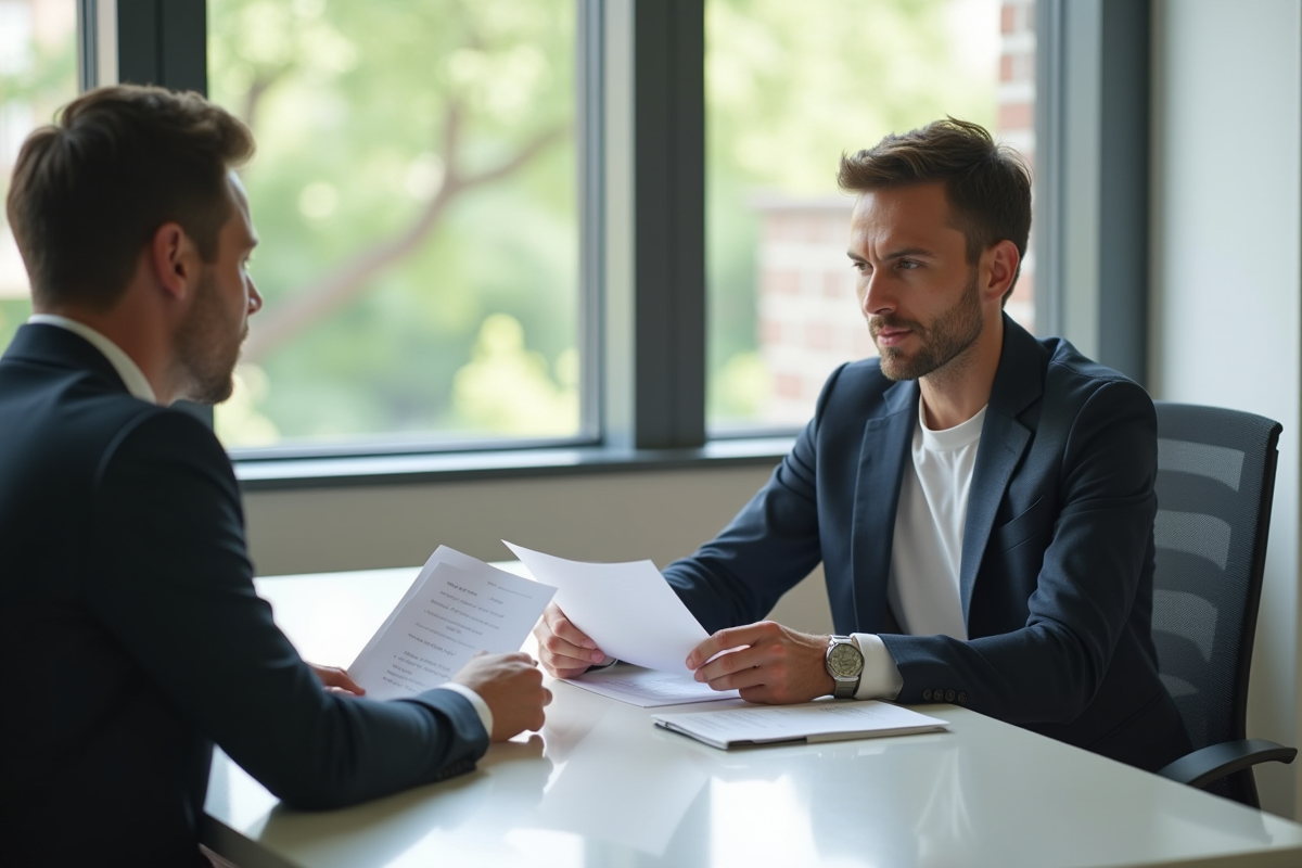 Conseiller emploi explique documents à un demandeur d'emploi