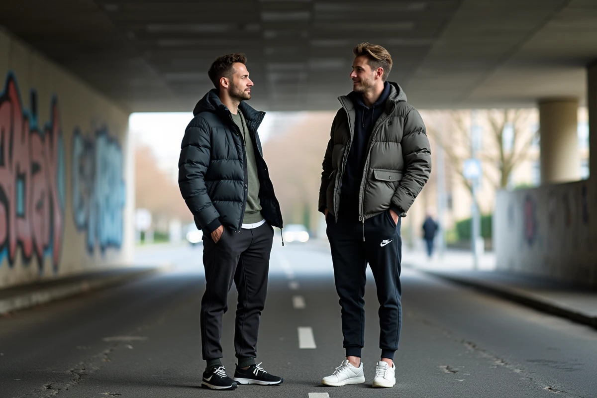 Deux rappeurs en tenue streetwear sous un pont urbain parisien, contraste de taille visible, ambiance rap français authentique
