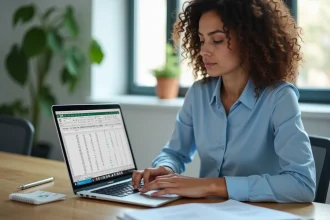 Femme utilisant Excel pour convertir des kilogrammes en tonnes sur un ordinateur portable au bureau