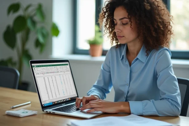 Femme utilisant Excel pour convertir des kilogrammes en tonnes sur un ordinateur portable au bureau