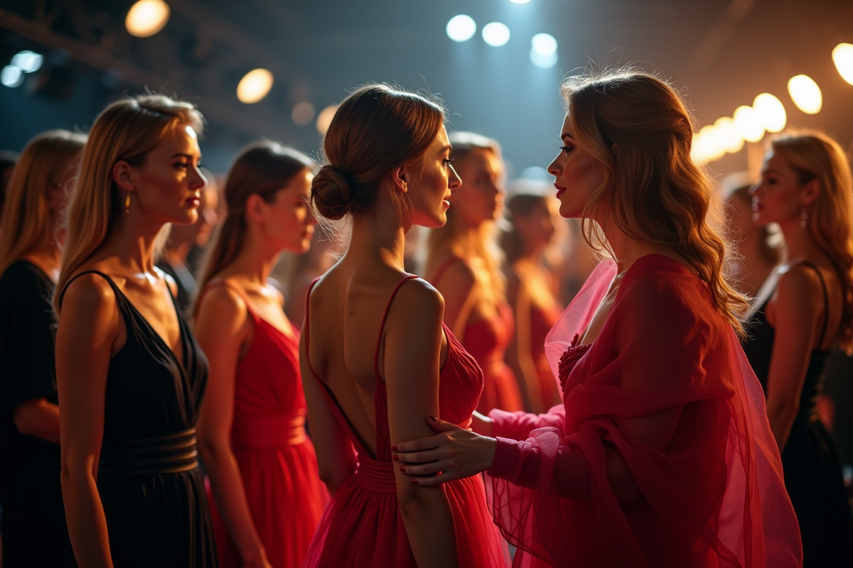 Coulisses d un défilé de mode avec stylistes et mannequins