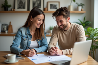 Couple souriant examinant des documents de prêt immobilier